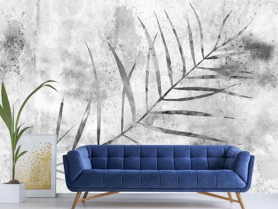 Grey Palm Leaf Wallpaper On Concrete 1 Grey Palm Leaf Wallpaper On Concrete